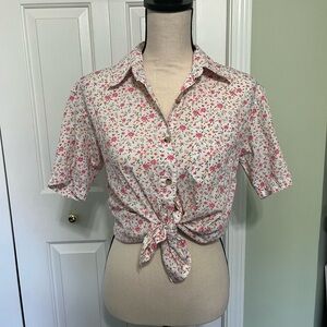 Vintage White and Pink Floral Print Short Sleeve Button Up Shirt